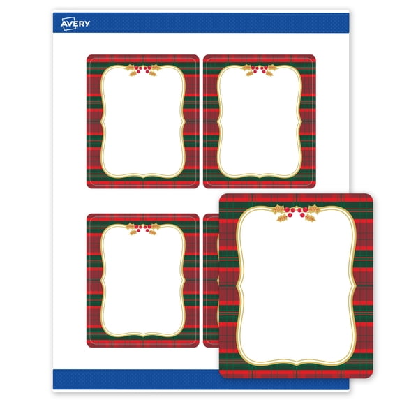 Avery Labels, 4" x 3-1/3", Gold-Red-Green Plaid, Matte, 40ct