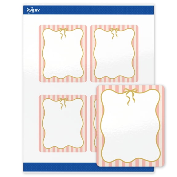 Avery Labels, 4" x 3-1/3", Pink Stripes with Gold Bow, Glossy