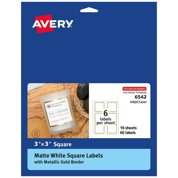 Avery Labels with Gold Borders, 3" x 3" Square, 60ct (6542)