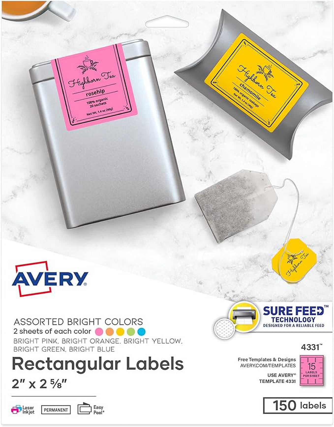 Avery Labels with Sure Feed, Assorted Bright Colors, 2