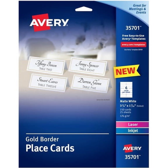 Avery® Laser, Inkjet Printable Place Card - Gold, White - 97 Brightness - 3 3/4" x 1 7/16" - 65 lb Basis Weight - 176 g/m² Grammage - Matte - 5 / Pack - FSC Mix - Perf | Bundle of 10 Packs