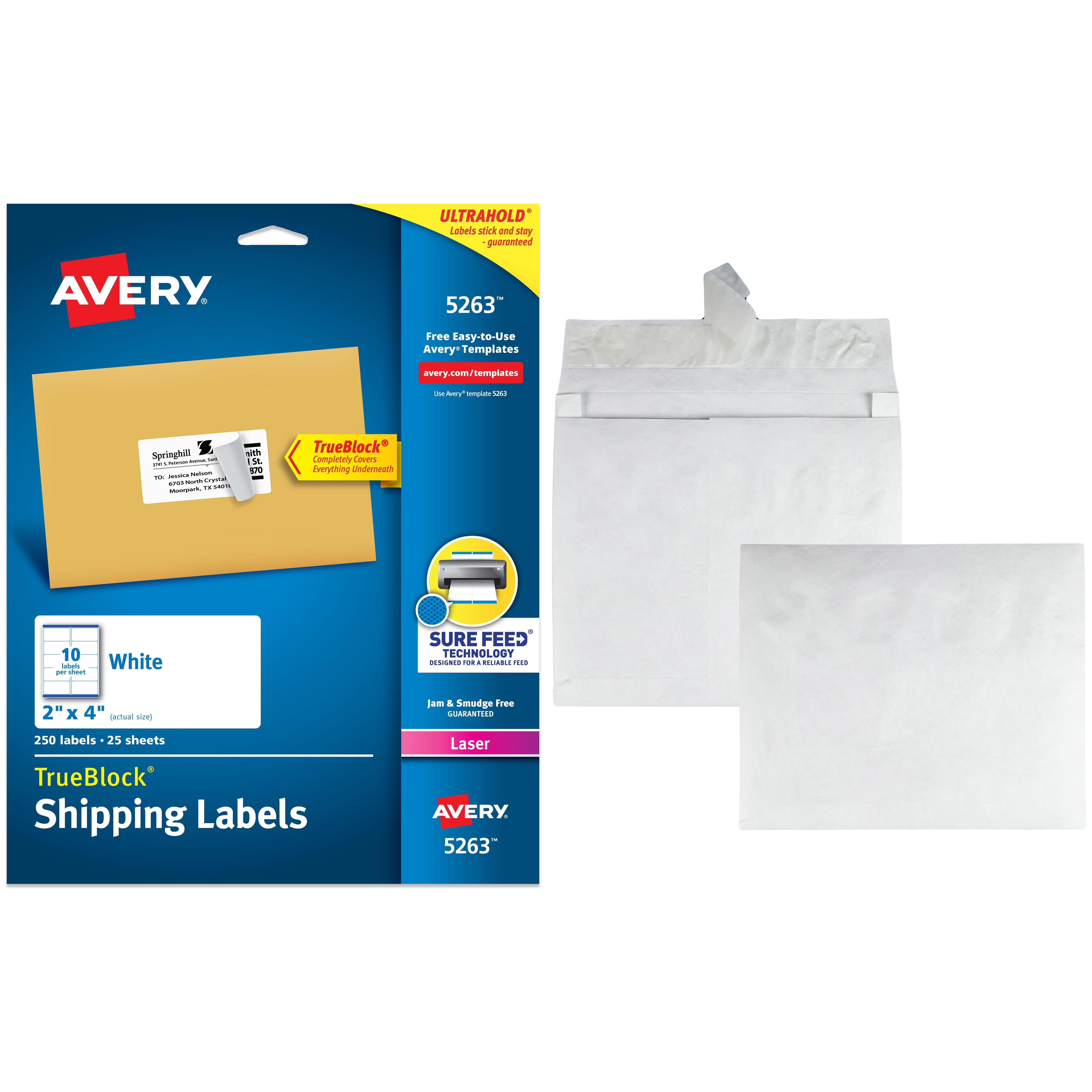 Avery Laser Shipping Labels with TrueBlock Technology, White 2" x 4", Pack of 250 and Quality Park Self-Seal Light Weight Expansion Envelopes Bundle