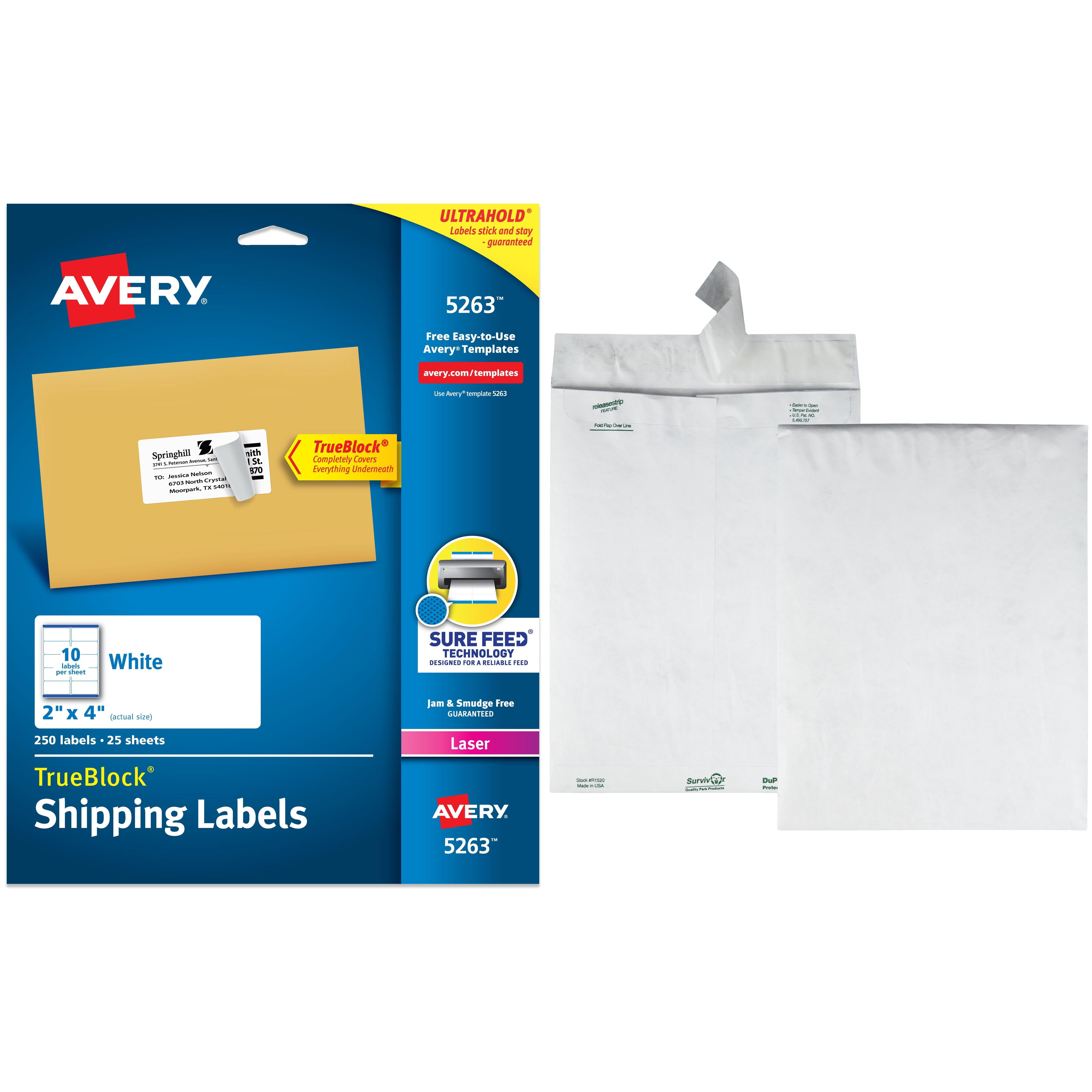 Avery Laser Shipping Labels with TrueBlock Technology, White 2" x 4", Pack of 250 and Quality Park Survivor Tyvek Open-End Envelopes Bundle