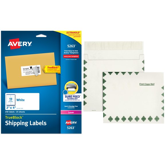 Avery Laser Shipping Labels with TrueBlock Technology, White 2" x 4", Pack of 250 and Quality Park Tyvek Expansion First Class Envelope Bundle