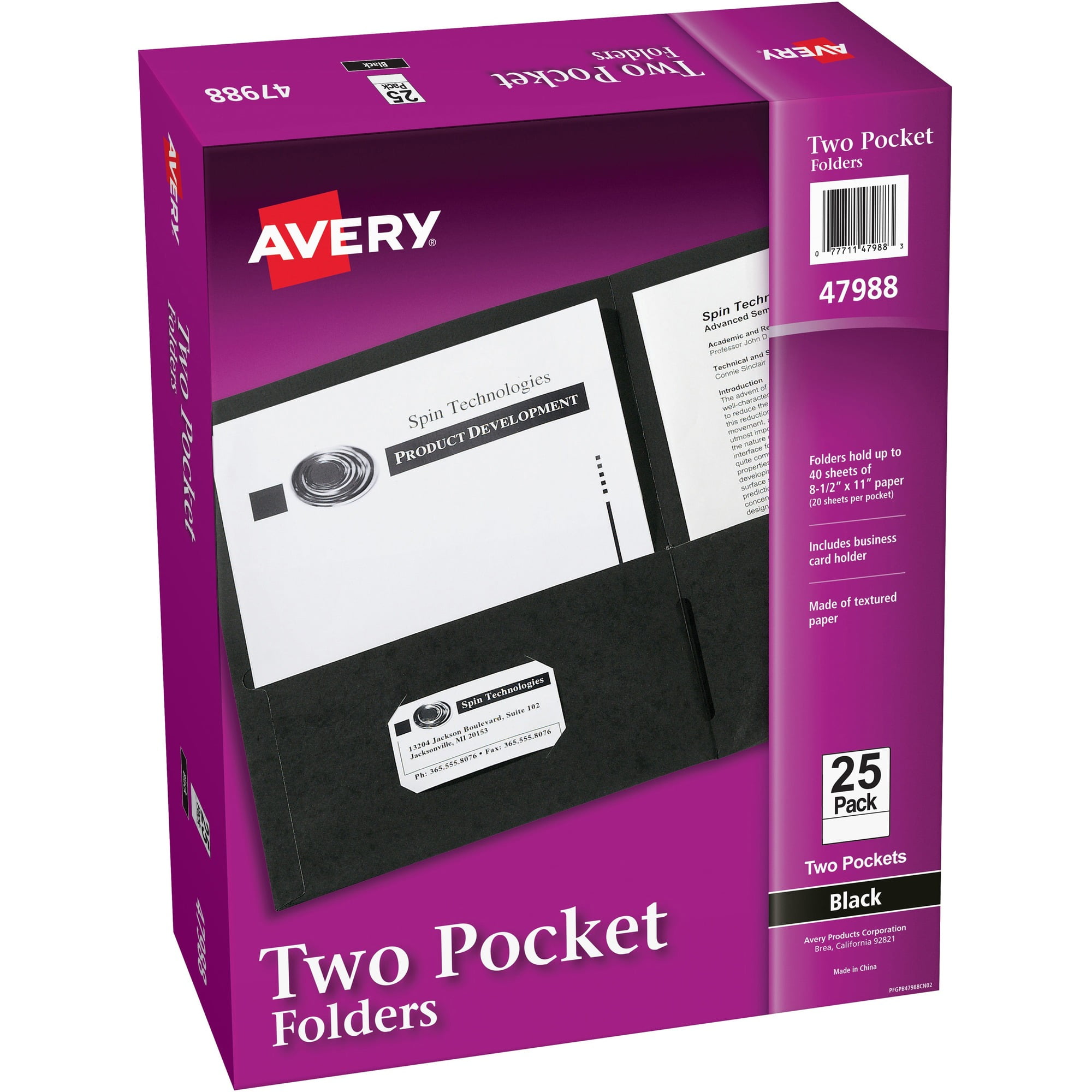 Avery® Letter Pocket Folder - 8 1/2" X 11" - 40 Sheet Capacity - 2 Internal Pocket(s) - Black - 125 / Carton