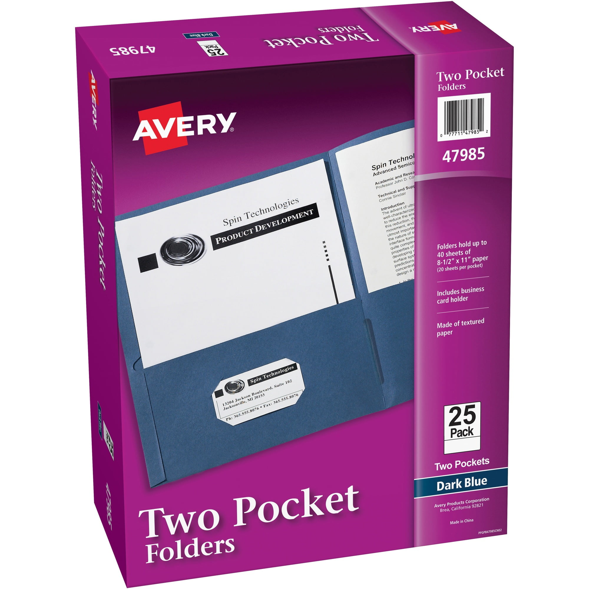 Avery® Letter Pocket Folder - 8 1/2" X 11" - 40 Sheet Capacity - 2 Internal Pocket(s) - Dark Blue - 125 / Carton