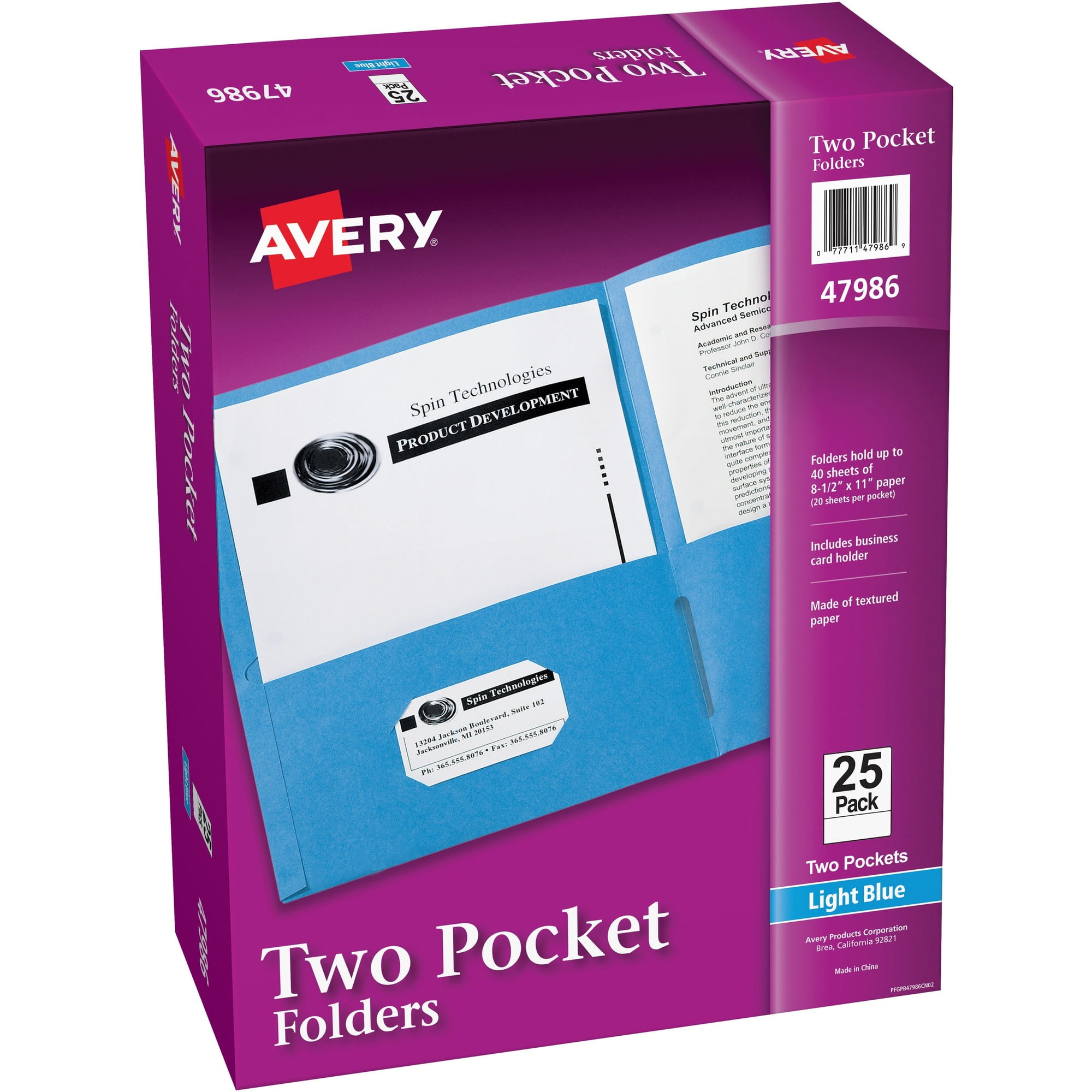 Avery® Letter Pocket Folder - 8 1/2" X 11" - 40 Sheet Capacity - 2 Internal Pocket(s) - Light Blue - 125 / Carton