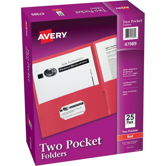 Avery Letter Pocket Folder - 8 1/2" X 11" - 40 Sheet Capacity - 2 Internal Pocket(s) - Red - 125 / Carton