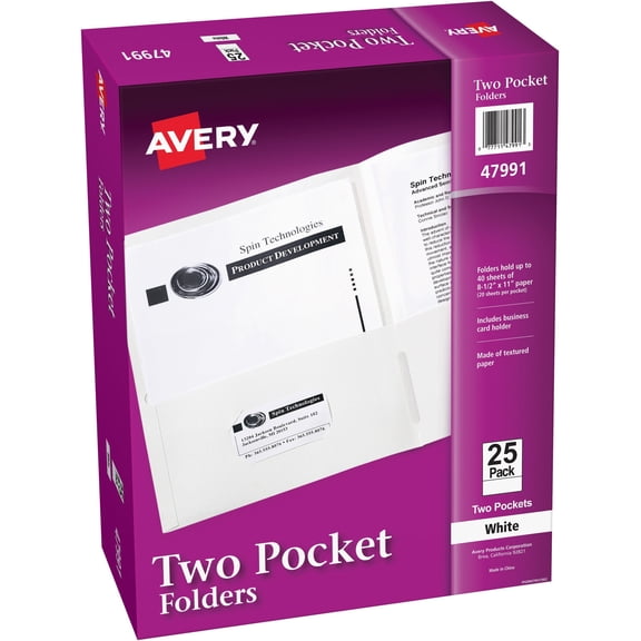 Avery Letter Pocket Folder - 8 1/2" X 11" - 40 Sheet Capacity - 2 Internal Pocket(s) - White - 125 / Carton