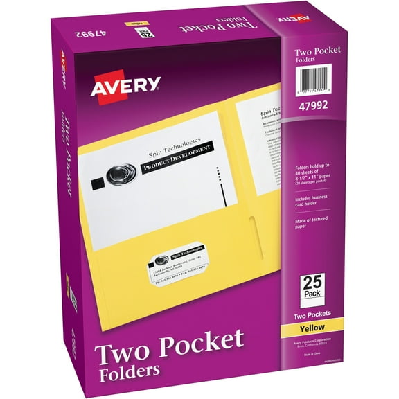 Avery Letter Pocket Folder - 8 1/2" X 11" - 40 Sheet Capacity - 2 Internal Pocket(s) - Yellow - 125 / Carton