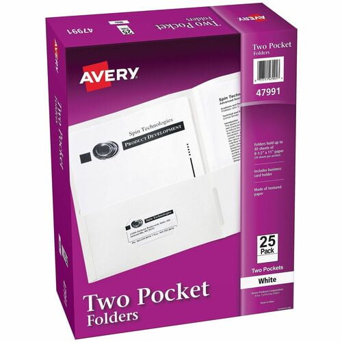 Avery® Letter Pocket Folder, 8 1/2" x 11", 40 Sheets Capacity, 2 Internal Pocket, Embossed Paper, White (47991CT) | 2 Cartons (10 Boxes)