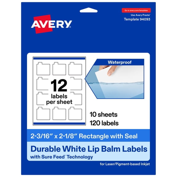 Avery® Lip Balm Labels, 2-3/16" x 2-1/8", Durable White Film, 120ct