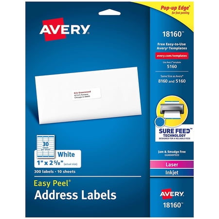 Avery Mailing Address Labels, Laser and Inkjet Printers, 300 Labels, Permanent Adhesive (18160), White
