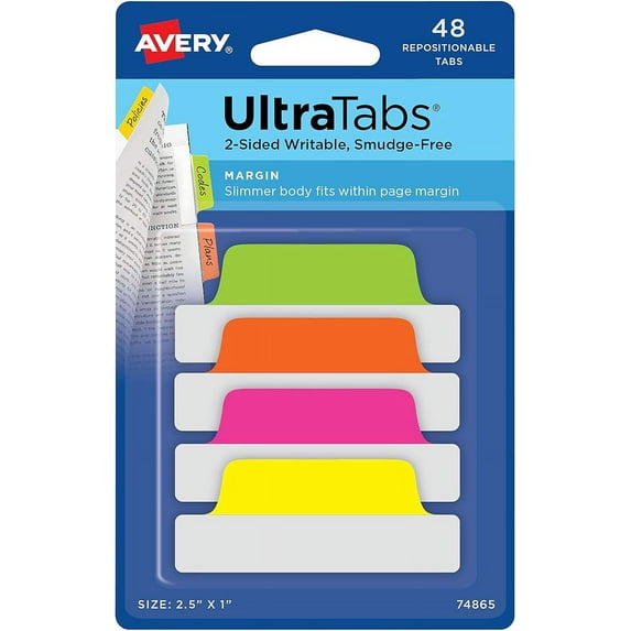 Avery Margin Ultra Tabs, 2.5" x 1", 2-Side Writable, Assorted Neon Color, 48 Repositionable Page Tabs (74865)