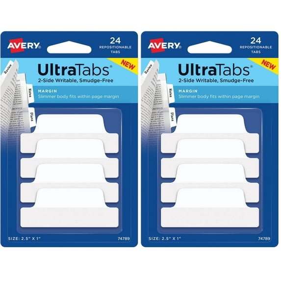 Avery Margin Ultra Tabs, 2.5" x 1", 2-Side Writable, White, 24 Repositionable Page Tabs (74789) (Pack of 2)