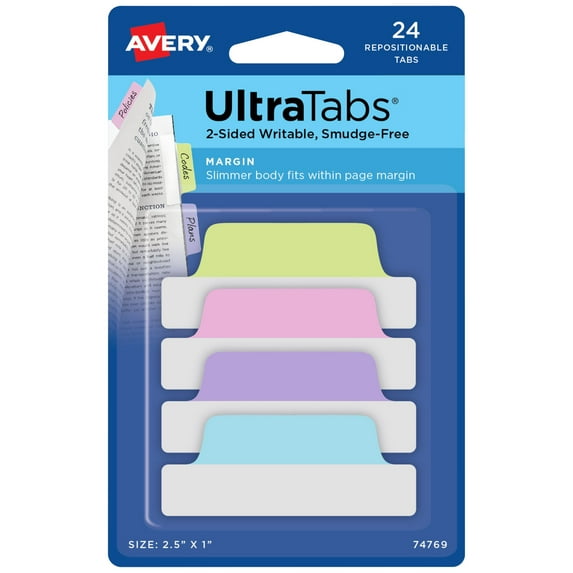 Avery Margin Ultra Tabs, 2.5" x 1", 24 Repositionable Tabs, 2-Side Writable, Assorted Pastel Colors (74769)