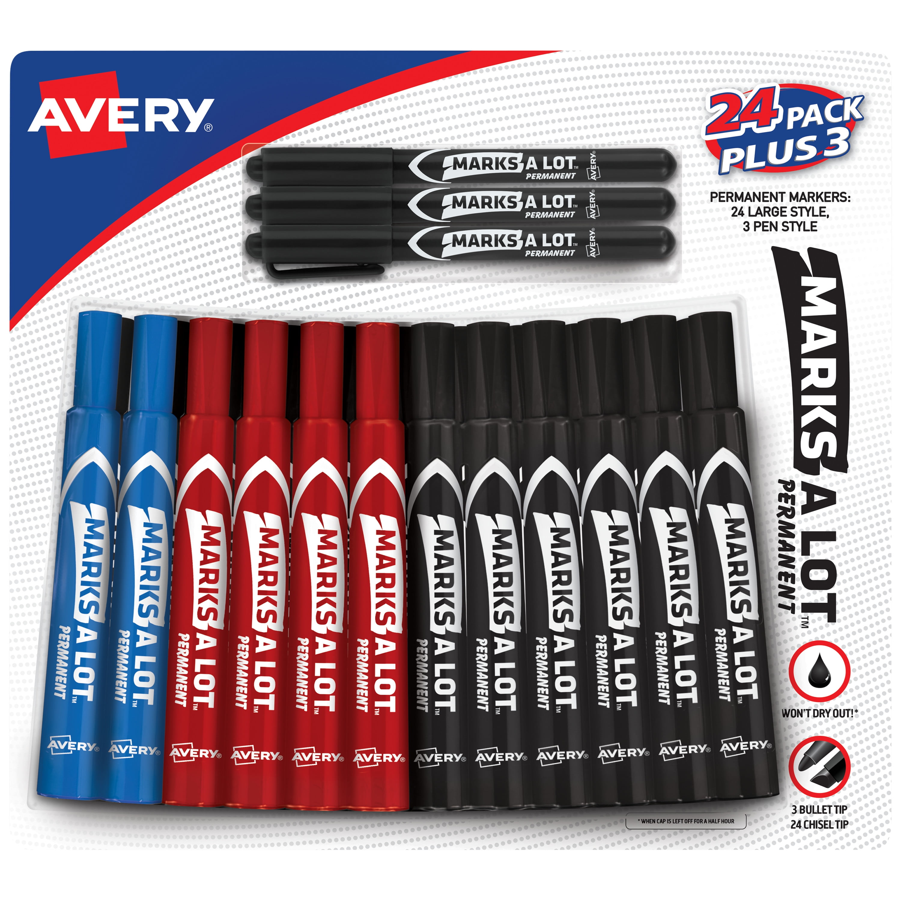 Avery Marks A Lot Permanent Markers Assorted Colors, 24 Large Desk-Style  and 3 Pen Style (24426) 