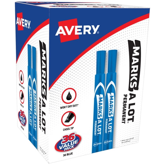 Avery Marks A Lot Permanent Markers, Chisel Tip, Blue, 36ct (98242)