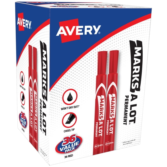 Avery Marks A Lot Permanent Markers, Chisel Tip, Red, 36 Red Markers