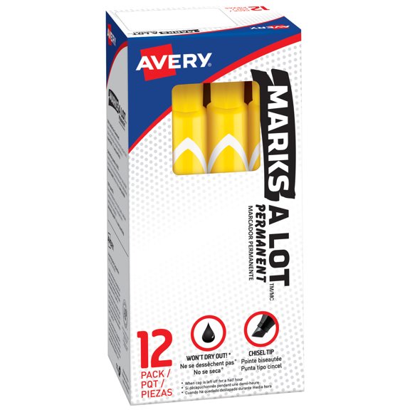 Avery Marks A Lot Permanent Markers, Large Desk-Style, 12 Yellow (08882)