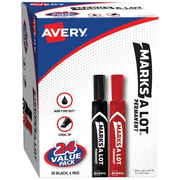 Avery Marks A Lot Permanent Markers, Large Desk-Style Size, Chisel Tip, 24 Assorted Markers (98088)
