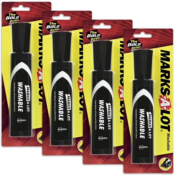 Marks A Lot Jumbo Black Washable Marker, Chisel Tip, 1 per Pack, 4 Packs, 4 Markers Total (24158)
