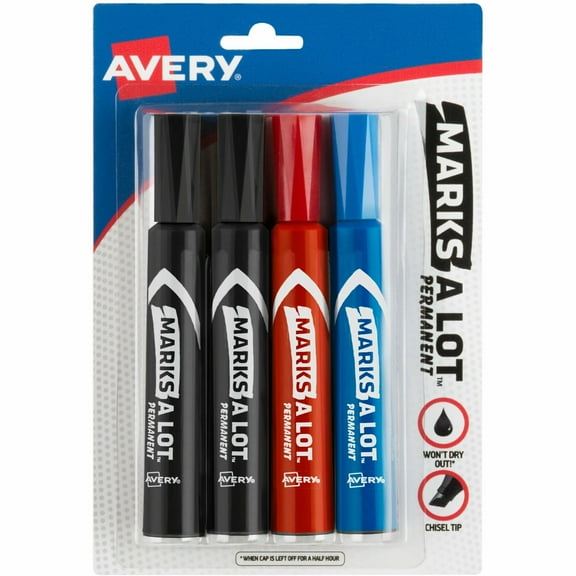 Avery Marks A Lot Permanent Markers, Regular Desk-Style, Asstd, 4/PK Regular Marker Point - Chisel Marker Point Style - Black, Blue, Red - Black, Blue, Red Barrel - 4 / Pack