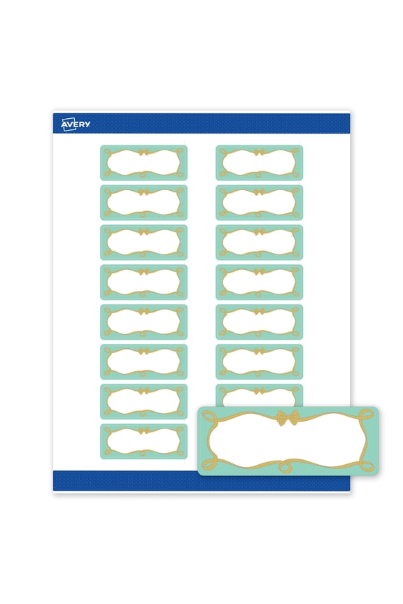 Matte 1" x 2-5/8" Labels, Mint Border, Gold Bow, 160ct