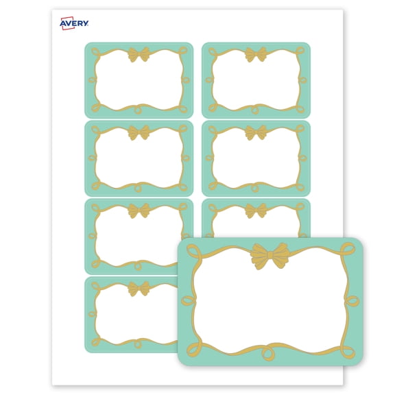 Avery Matte 2-1/3" x 3-3/8" Name Badges, Mint Border, Gold Bow, 80ct