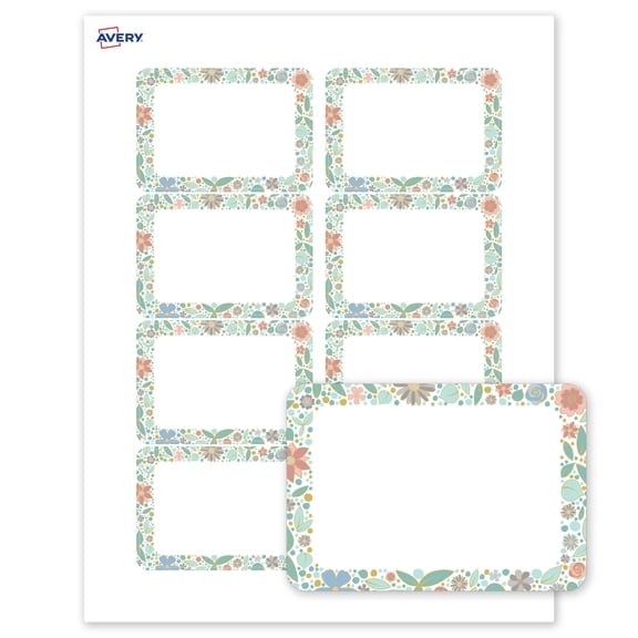 Avery Matte 2-1/3" x 3-3/8" Name Badges, Mint & Gold Floral, 80ct