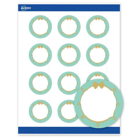 Avery Matte 2" Diameter Labels, Mint Border, Gold Bow, 240ct