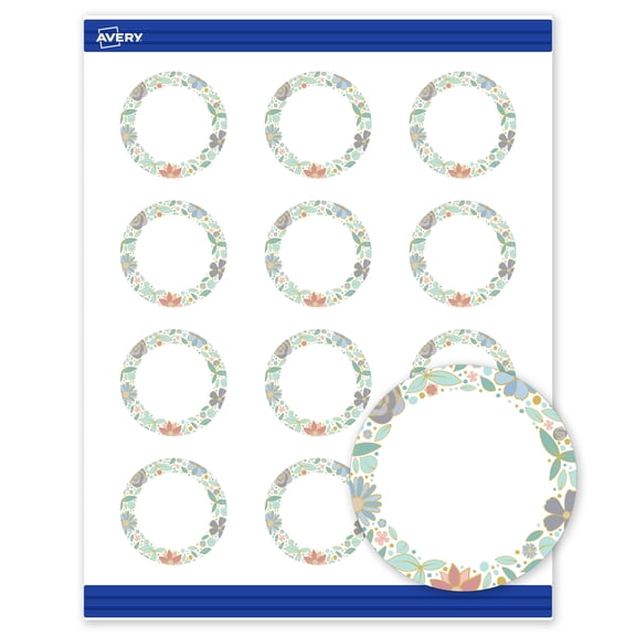 Avery Matte 2" Diameter Round Cards, Mint & Gold Floral, 120ct