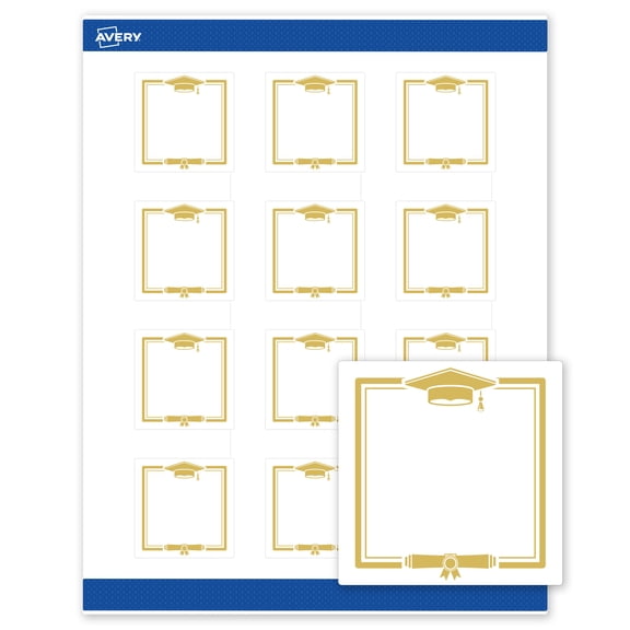 Avery Matte 2" x 2" Labels, Gold Graduation Cap, 120ct