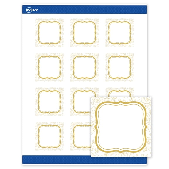 Avery Matte 2" x 2" Labels, Metallic Gold Flourish, 240ct