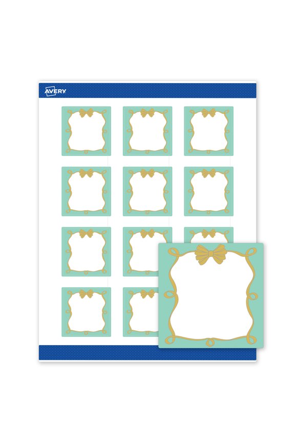 Matte 2" x 2" Labels, Mint Border, Gold Bow, 240ct