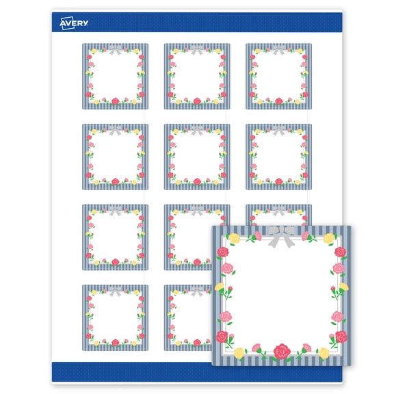 Avery Matte 2" x 2" Labels, Silver Ribbon w/Roses, 240ct