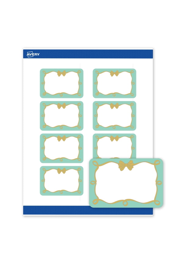 Matte 2" x 3" Labels, Mint Border, Gold Bow, 80ct