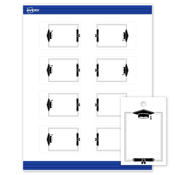 Avery Matte 2" x 3" Printable Tags, Silver & Black Grad Cap, 80ct