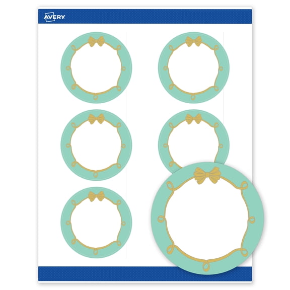 Avery Matte 3" Diameter Labels, Mint Border, Gold Bow, 60ct