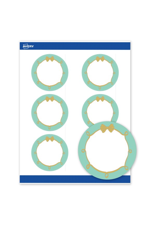 Matte 3" Diameter Labels, Mint Border, Gold Bow, 60ct