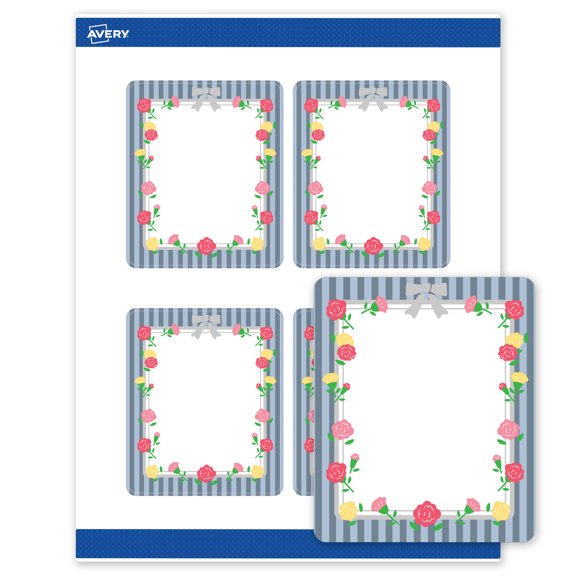 Avery Matte 4" x 3-1/3" Labels, Silver Ribbon w/Roses, 40ct