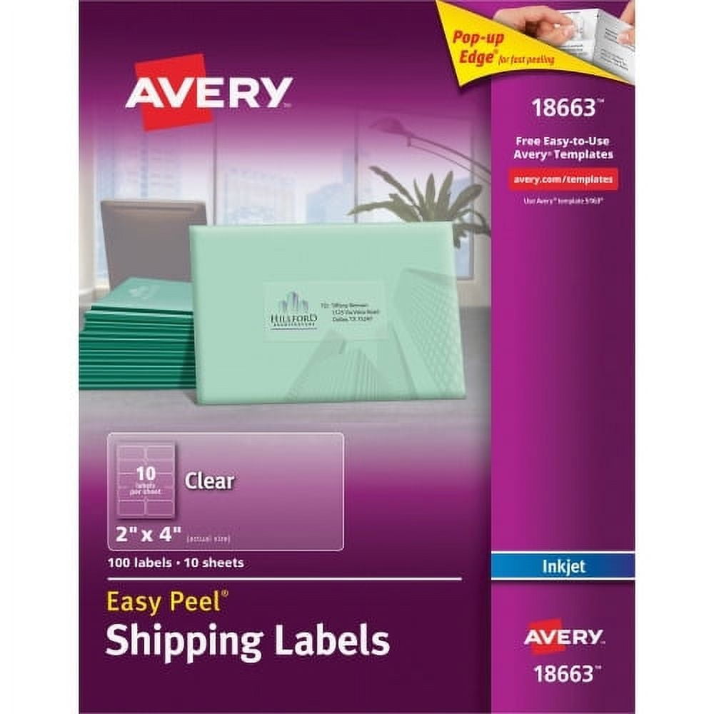 "Avery Easy Peel Printer Shipping Labels, Matte Clear, 2"" x 4"", 100