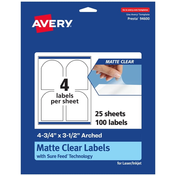 Avery Matte Clear Arched Labels, 4-3/4" x 3-1/2", 100 Total
