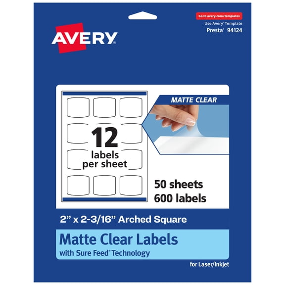 Avery Matte Clear Arched Square Labels, 2" x 2-3/16", 600 Total