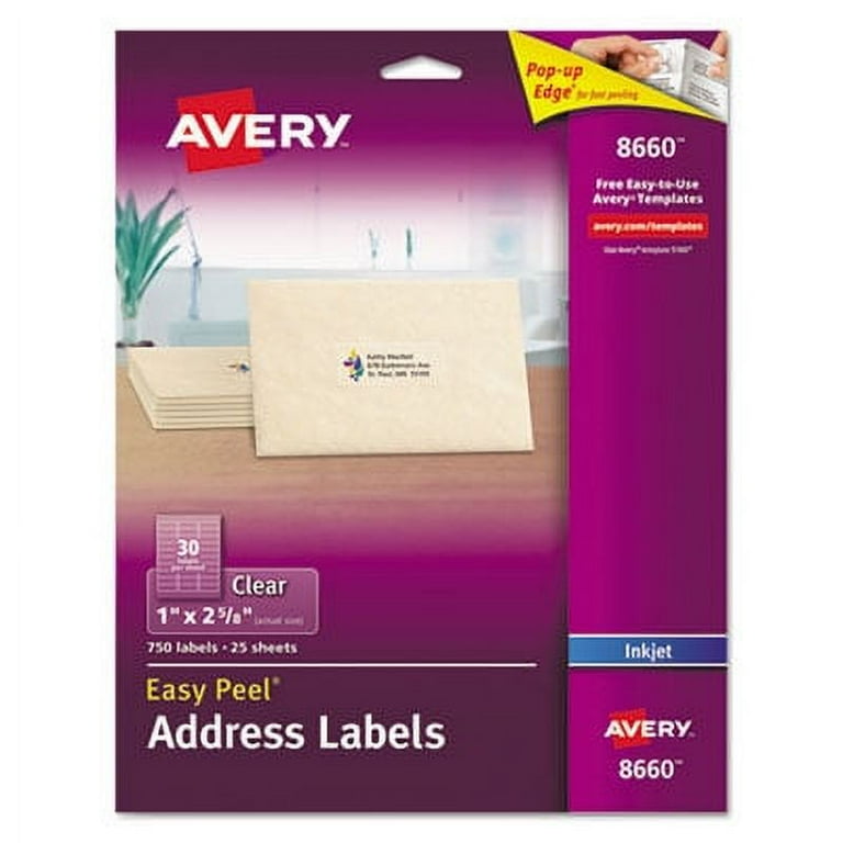 Glossy Clear Easy Peel Mailing Labels w/ Sure Feed Technology, Inkjet/Laser Printers, 1 x 2.63, 30/Sheet, 10 Sheets/Pack