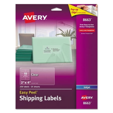 Avery Matte Clear Easy Peel Mailing Labels w/ Sure Feed Technology, Inkjet Printers, 2 x 4, Clear, 10/Sheet, 25 Sheets/Pack, Each
