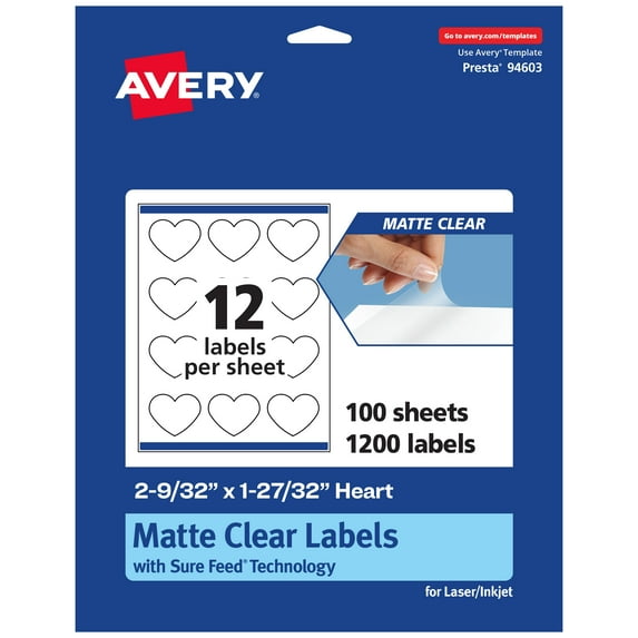 Avery Matte Clear Heart Labels, 2-9/32" x 1-27/32", 1,200 Total