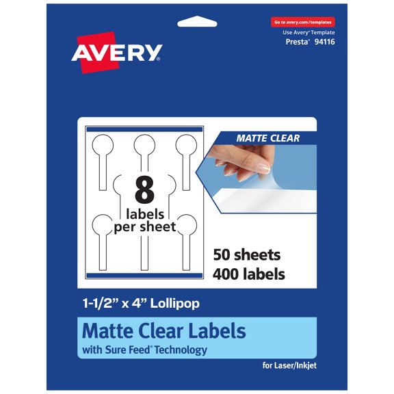 Avery Matte Clear Lollipop Labels, 1-1/2" x 4", 400 Total