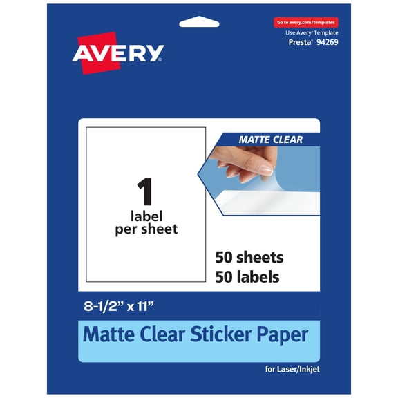 Avery Matte Clear Rectangle Labels, 8-1/2" x 11", 50 Total