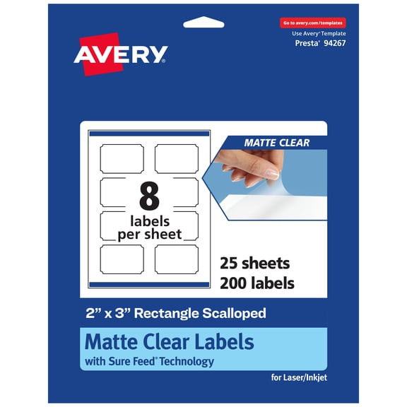 Avery Matte Clear Rectangle Scalloped Labels, 2" x 3", 200 Total